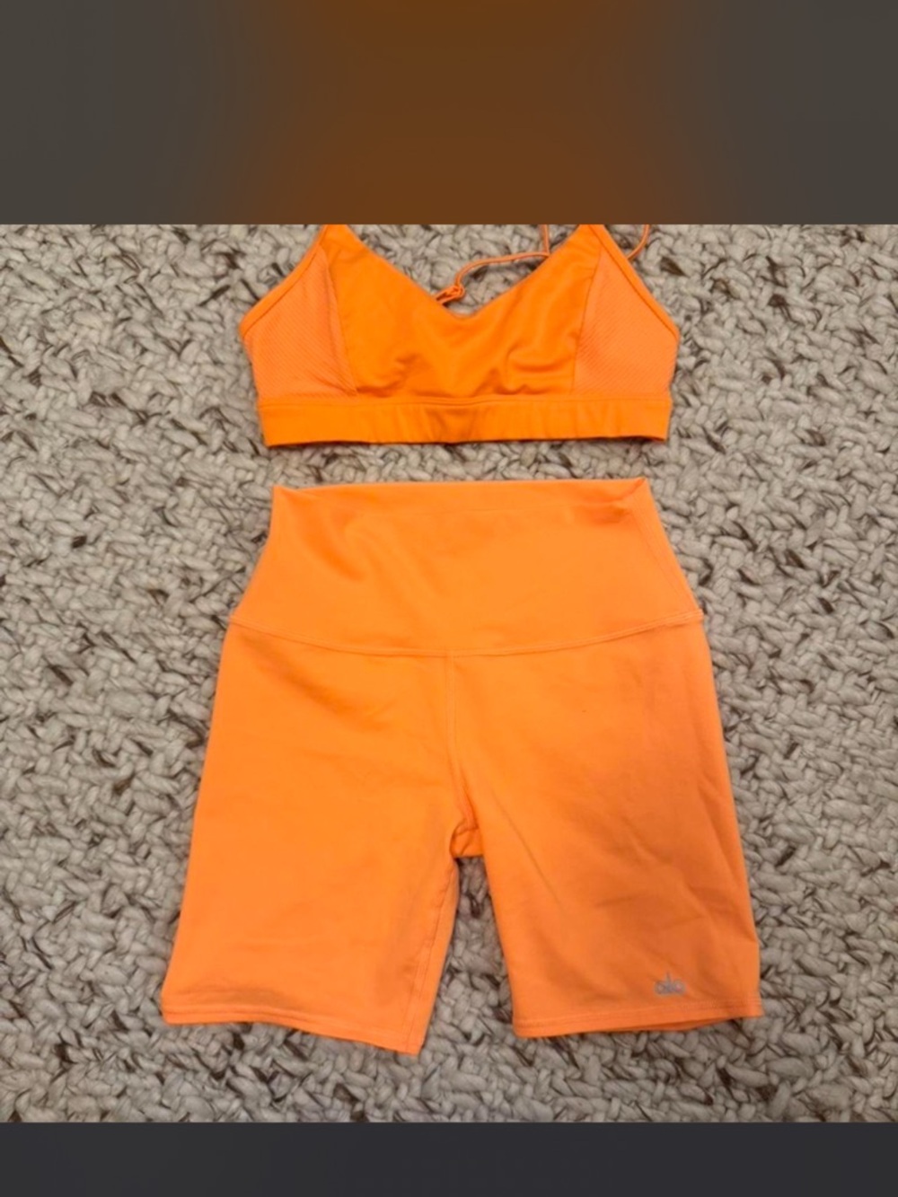 ALO Yoga Neon Orange High-Waist Bike Shorts & Sports Bra Set